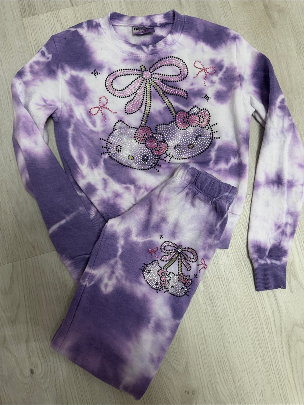 Firehouse Hello Kitty Purple and White Tie-Dye Pajama Set with Rhinestone Bow